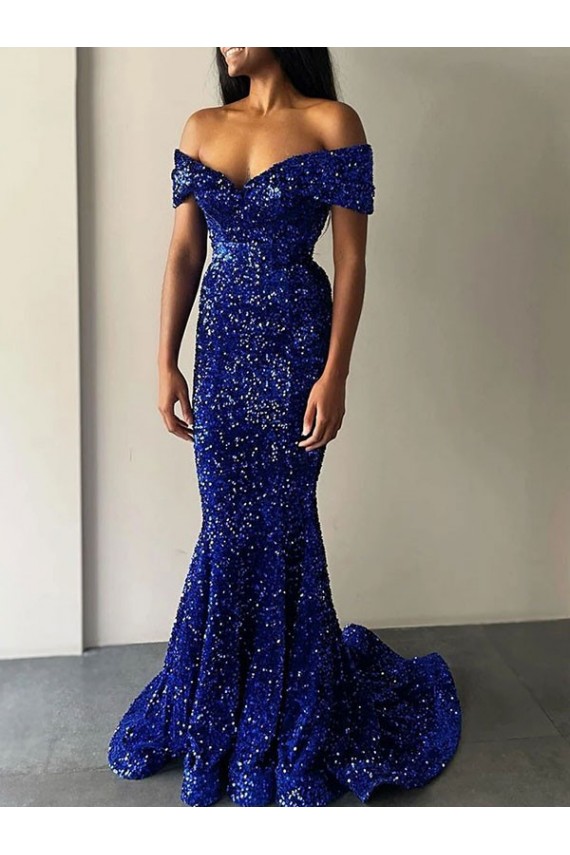 Affordable Sleeveless Off the Shoulder Velvet Sequin Royal Blue Sweep Train Evening Prom Dress Canada