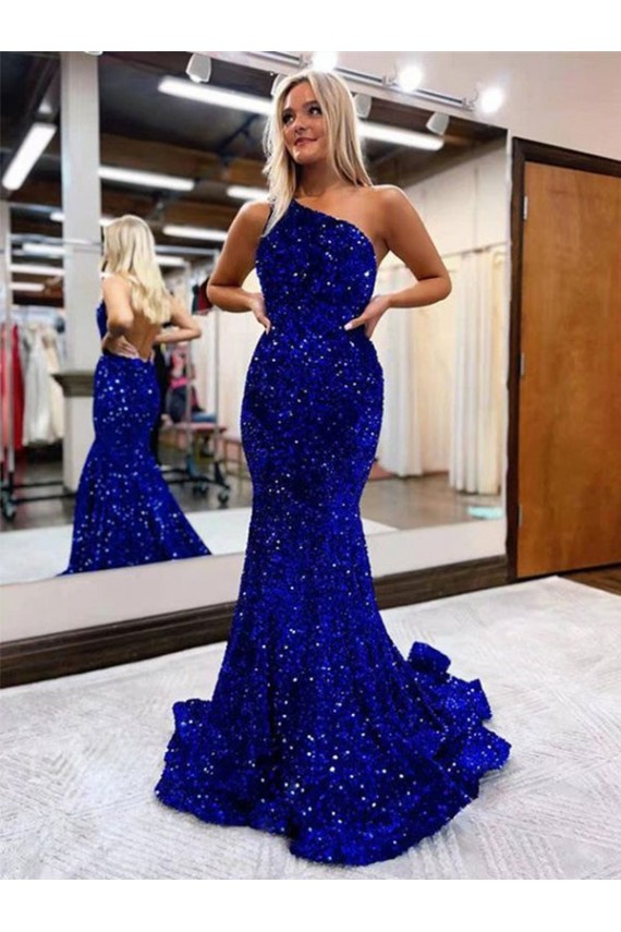 Affordable Sleeveless One Shoulder Velvet Sequin Royal Blue Sweep Train Evening Prom Dress Canada