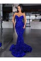Affordable Sleeveless Spaghetti Straps Velvet Sequin Royal Blue Mermaid Sweep Train Prom Dress Canada