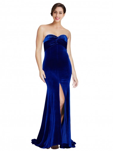 Affordable Sleeveless Strapless Stretch Velvet Royal Blue Sweep Train Prom Dress Canada