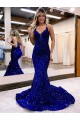 Affordable Sleeveless V-Neck Velvet Sequin Royal Blue Court Train Prom Dress Canada