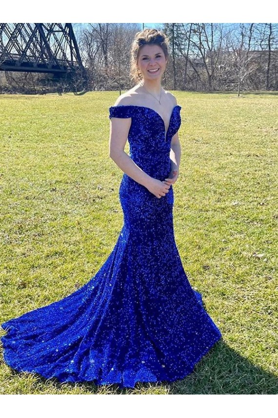 Affordable Sleeveless Off the Shoulder Velvet Sequin Royal Blue Sweep Train Prom Dress Canada
