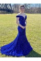Affordable Sleeveless Off the Shoulder Velvet Sequin Royal Blue Sweep Train Prom Dress Canada