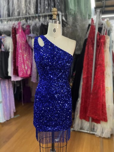 Affordable Sleeveless One Shoulder Velvet Sequins Royal Blue Short Homecoming Dress Canada