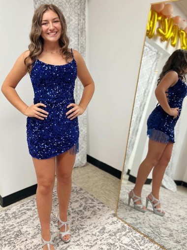 Affordable Sleeveless Spaghetti Straps Velvet Sequin Royal Blue Short Prom Dress Canada
