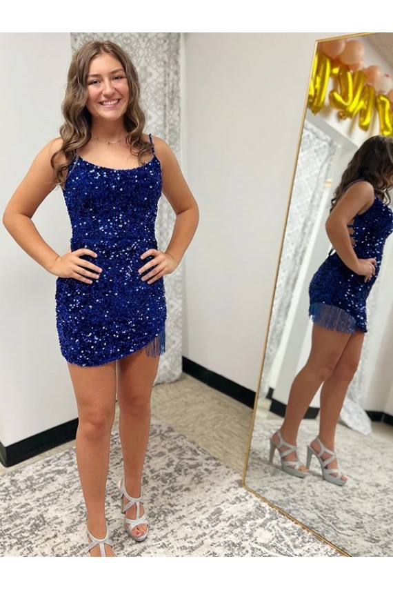 Affordable Sleeveless Spaghetti Straps Velvet Sequin Royal Blue Short Prom Dress Canada