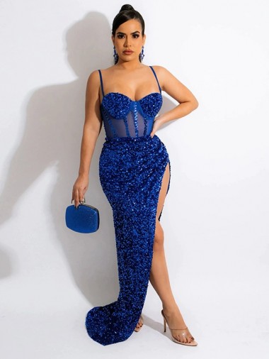 Affordable Sleeveless Spaghetti Straps Velvet Sequin Royal Blue Sweep Train Prom Dress Canada