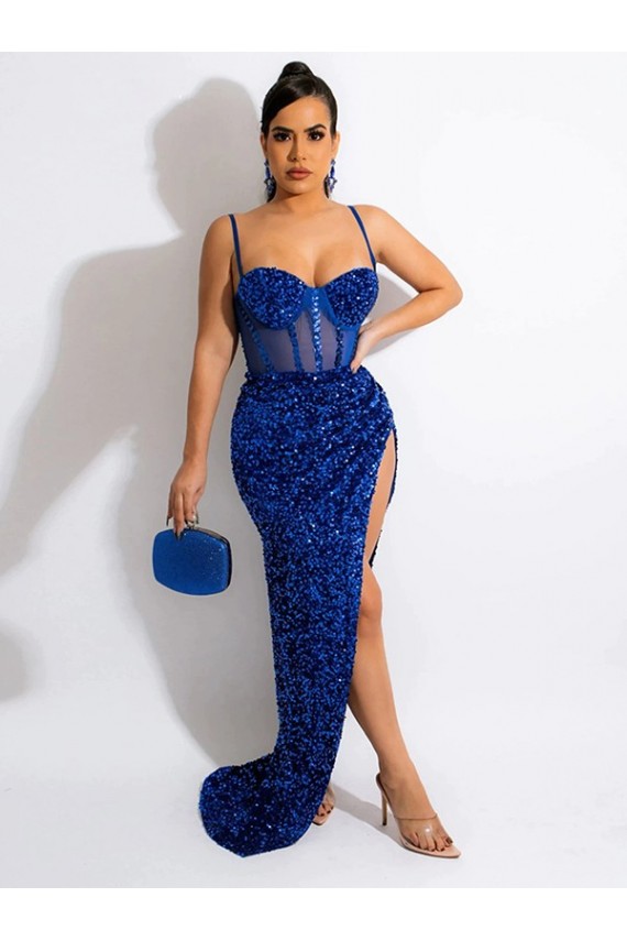 Affordable Sleeveless Spaghetti Straps Velvet Sequin Royal Blue Sweep Train Prom Dress Canada