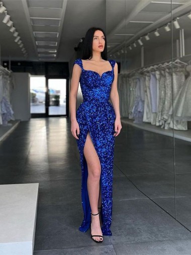 Affordable Sleeveless Spaghetti Straps Velvet Sequin Royal Blue Sweep Train Long Prom Dresses Canada