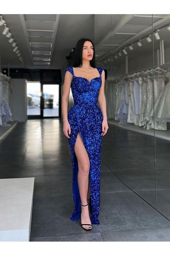 Affordable Sleeveless Spaghetti Straps Velvet Sequin Royal Blue Sweep Train Long Prom Dresses Canada