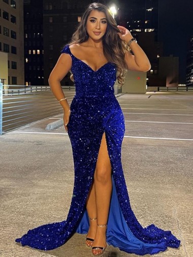 Affordable Sleeveless V-Neck Velvet Sequin Royal Blue Sweep Train Dress Canada