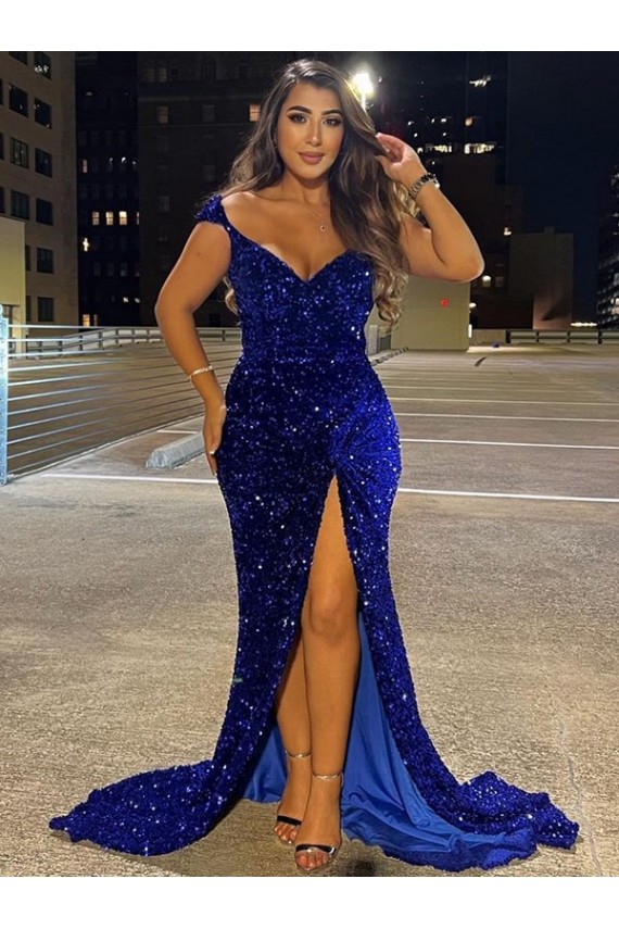 Affordable Sleeveless V-Neck Velvet Sequin Royal Blue Sweep Train Dress Canada
