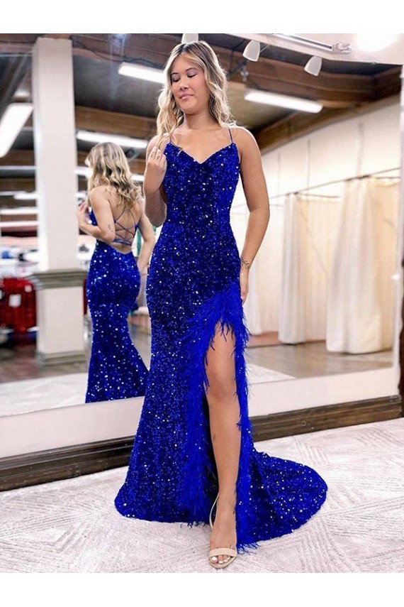 Affordable Sleeveless V-Neck Velvet Sequin Royal Blue Sweep Train Prom Dresses Canada