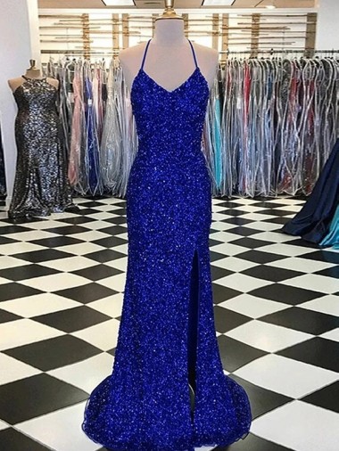 Affordable Sleeveless V-Neck Velvet Sequin Royal Blue Sweep Train Prom Dress Canada