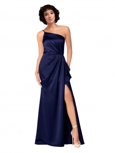 Affordable Sleeveless One Shoulder Silky Satin Sapphire Long Black Tie Prom Dress Canada