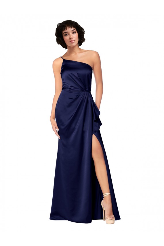 Affordable Sleeveless One Shoulder Silky Satin Sapphire Long Black Tie Prom Dress Canada