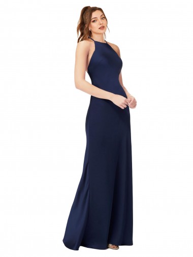 Affordable Sleeveless High Neck Silky Satin Sapphire Sheath Long Prom Dress Canada