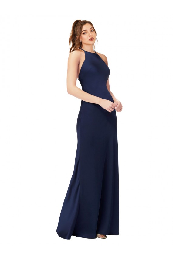 Affordable Sleeveless High Neck Silky Satin Sapphire Sheath Long Prom Dress Canada