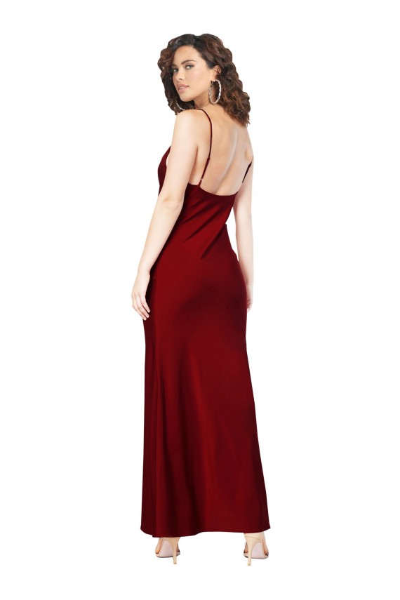 Affordable Sleeveless Cowl Neck Silk like Satin Burgundy Long Low Back Prom Dress Canada