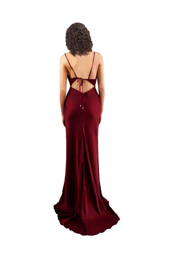 Affordable Sleeveless Cowl Neck Silky Satin Burgundy Long Prom Dress Canada