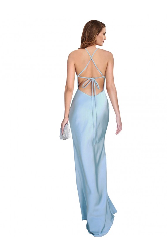 Affordable Sleeveless Cowl Neck Silky Satin Light Sky Blue Long Prom Dress Canada