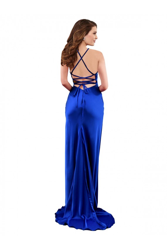 Affordable Sleeveless Cowl Neck Silky Satin Royal Blue Long Prom Dress Canada