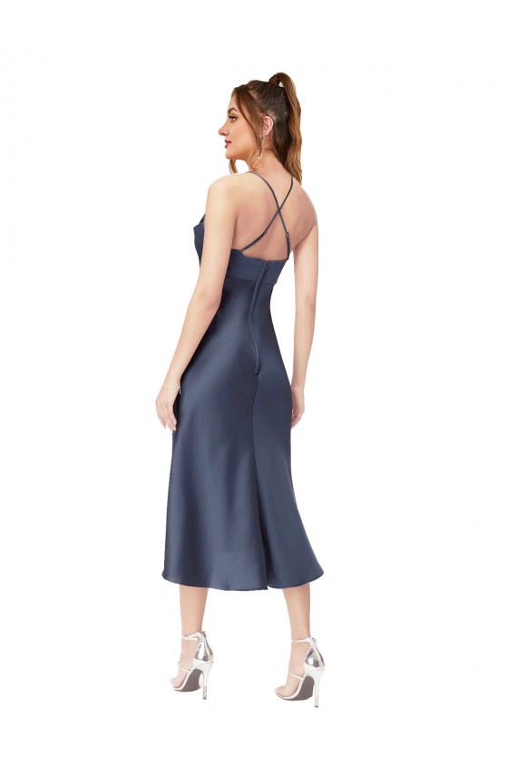Affordable Sleeveless Cowl Neck Silky Satin Black Midi Length High Low Prom Dress Canada