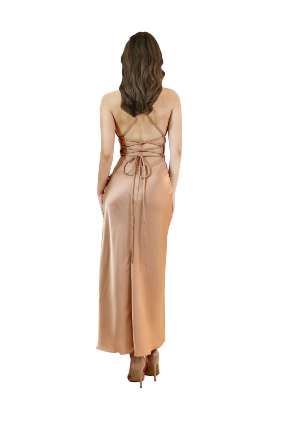 Affordable Sleeveless Cowl Neck Silky Satin Rose Gold Midi Length Prom Dress Canada