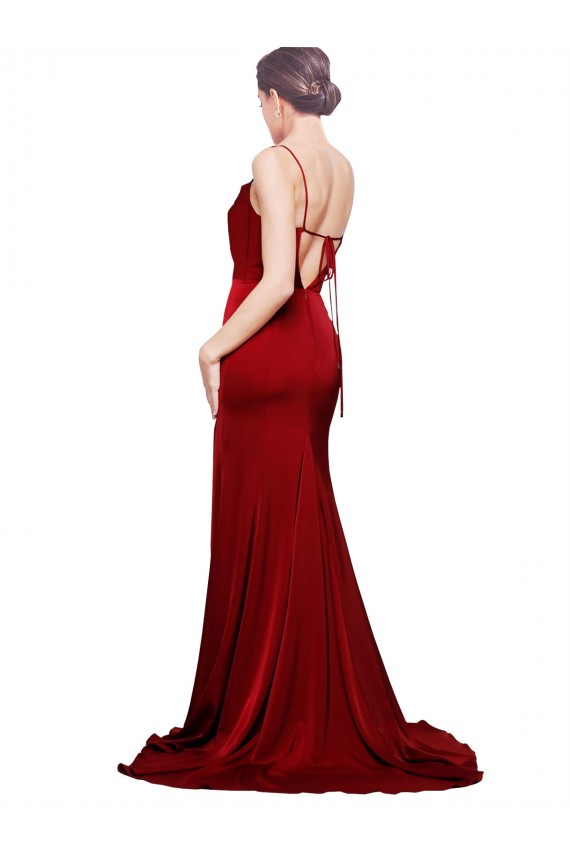 Affordable Sleeveless Cowl Neck Stretch Satin Burgundy Sweep Train Black Tie Prom Dress Canada