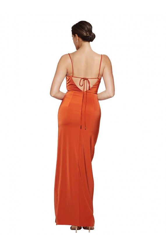 Affordable Sleeveless Cowl Neck Stretch Satin Rust Sweep Train Prom Dress Canada