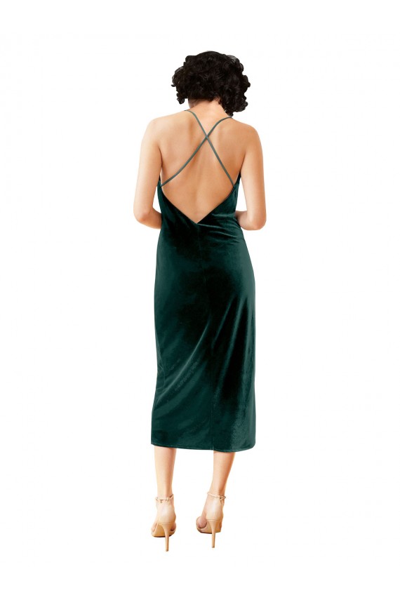 Affordable Sleeveless Cowl Neck Stretch Velvet Dark Green Midi Length Prom Dress Canada