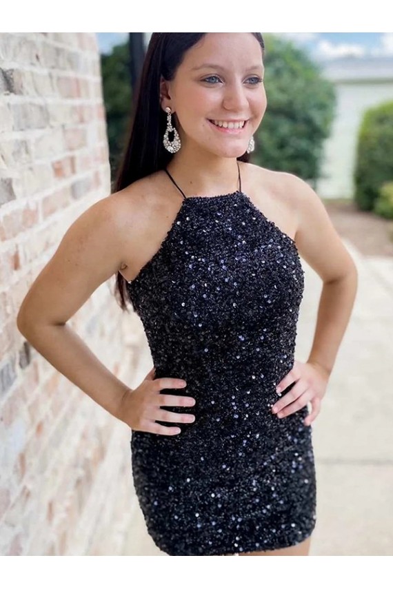 Affordable Sleeveless Halter Neck Velvet Sequin Black Short Prom Dress Canada