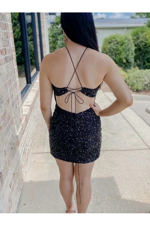 Affordable Sleeveless Halter Neck Velvet Sequin Black Short Prom Dress Canada