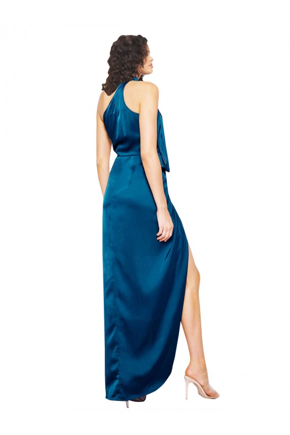 Affordable Sleeveless High Neck Silky Satin Peacock Blue Long Prom Dress Canada