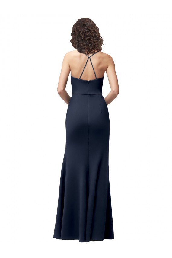 Affordable Sleeveless Spaghetti Straps Stretch Crepe Dark Navy Long Criss Cross Back Prom Dress Canada