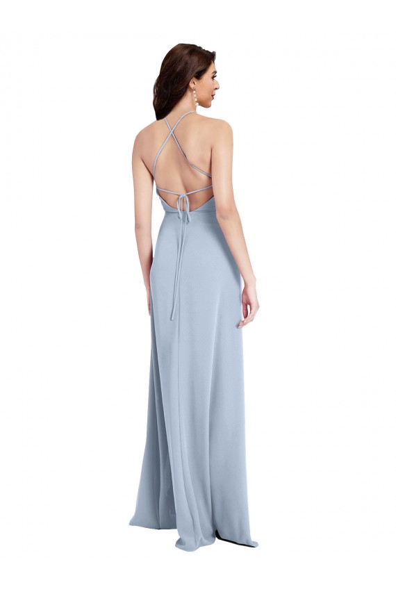 Affordable Sleeveless Halter Neck Stretch Crepe Light Sky Blue Long Criss Cross Open Back Prom Dress Canada