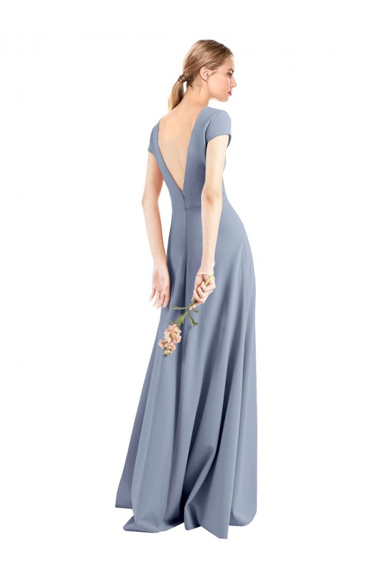 Affordable Cap Sleeves High Neck Stretch Crepe Smoke Blue Long Prom Dress Canada