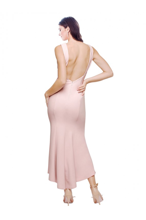 Affordable Sleeveless High Neck Stretch Crepe Pink Midi Length High Low Prom Dress Canada
