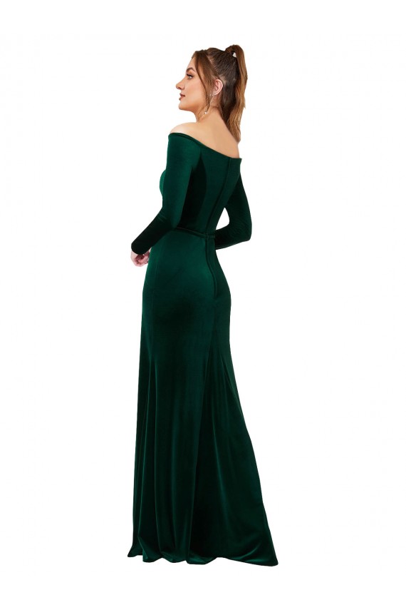 Affordable Long Sleeves Off the Shoulder Stretch Velvet Dark Green Long Prom Dress Canada