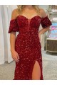 Affordable Short Sleeves Off the Shoulder Velvet Sequin Red Court Train Prom Dress Canada