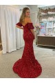 Affordable Short Sleeves Off the Shoulder Velvet Sequin Red Court Train Prom Dress Canada
