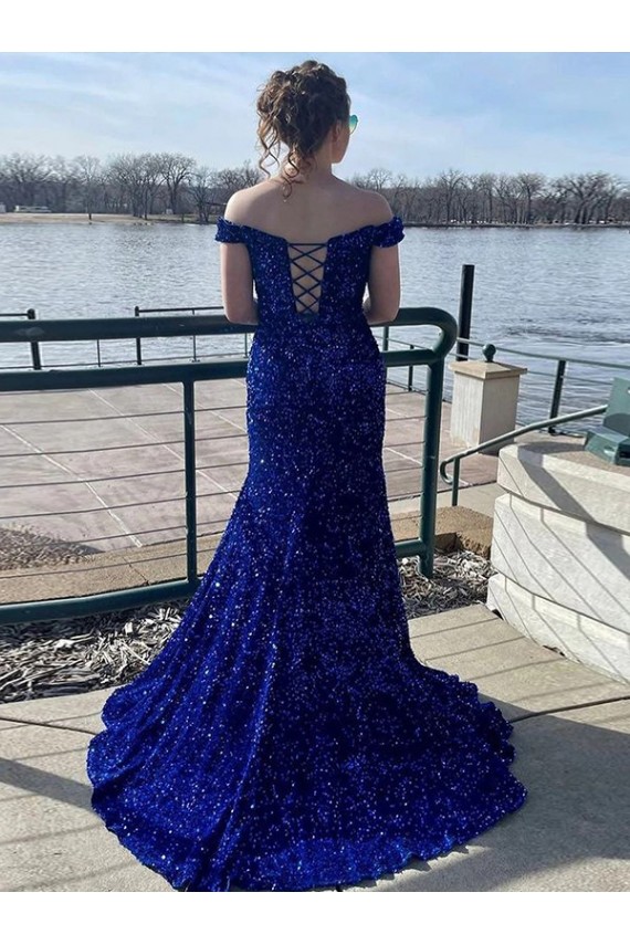Affordable Sleeveless Off the Shoulder Velvet Sequin Royal Blue Sweep Train Prom Dress Canada