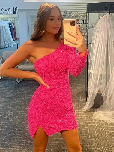 Affordable Long Sleeves One Shoulder Velvet Sequin Short Prom Dress Canada