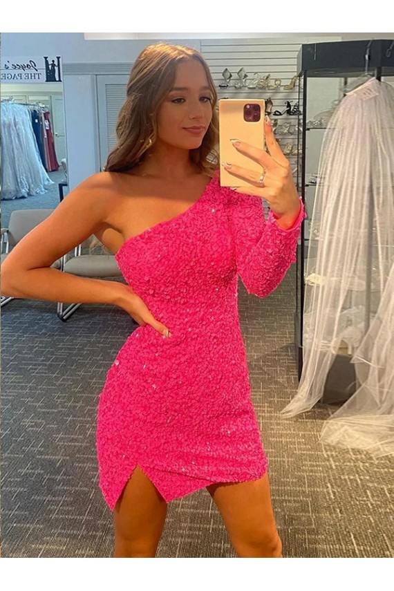 Affordable Long Sleeves One Shoulder Velvet Sequin Short Prom Dress Canada