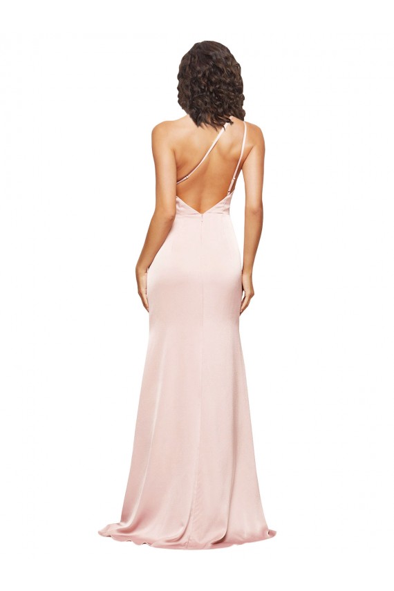 Affordable Sleeveless One Shoulder Silk like Satin Pink Long Low Back Prom Dress Canada