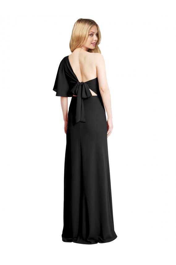 Affordable Flutter Sleeves One Shoulder Stretch Crepe Black Long Prom Dress Canada