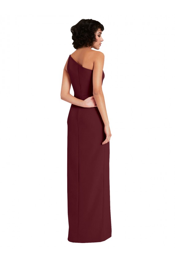 Affordable Sleeveless One Shoulder Stretch Crepe Burgundy Gold Long Prom Dress Canada
