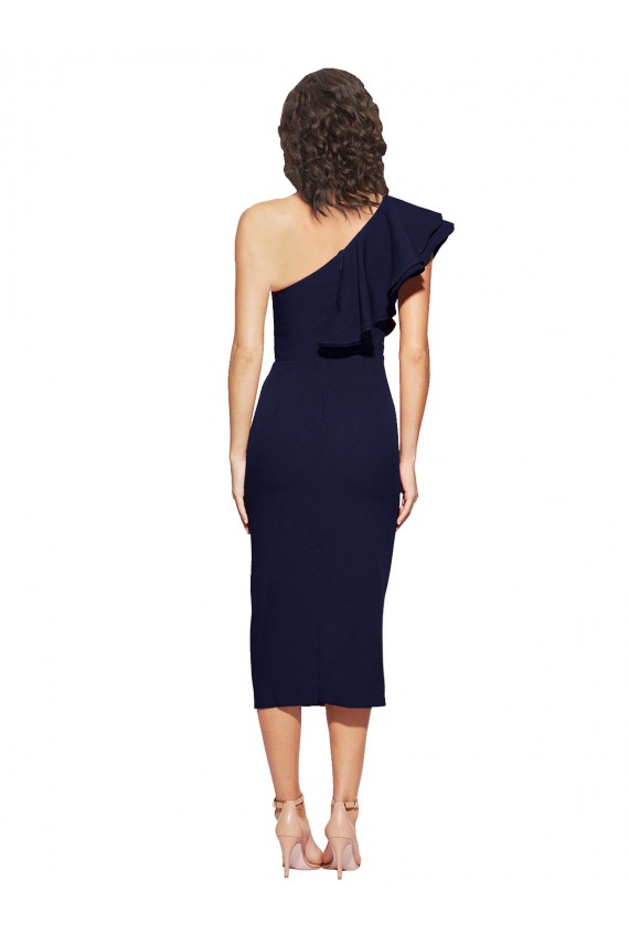 Affordable Sleeveless One Shoulder Stretch Crepe Dark Navy Midi Length Prom Dress Canada