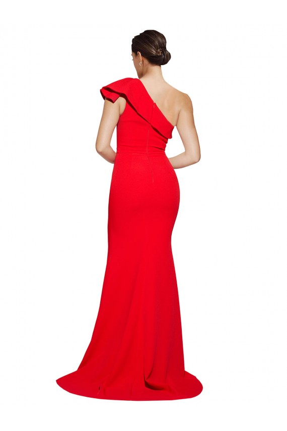 Affordable Sleeveless One Shoulder Stretch Crepe Red Sweep Train Prom Dress Canada