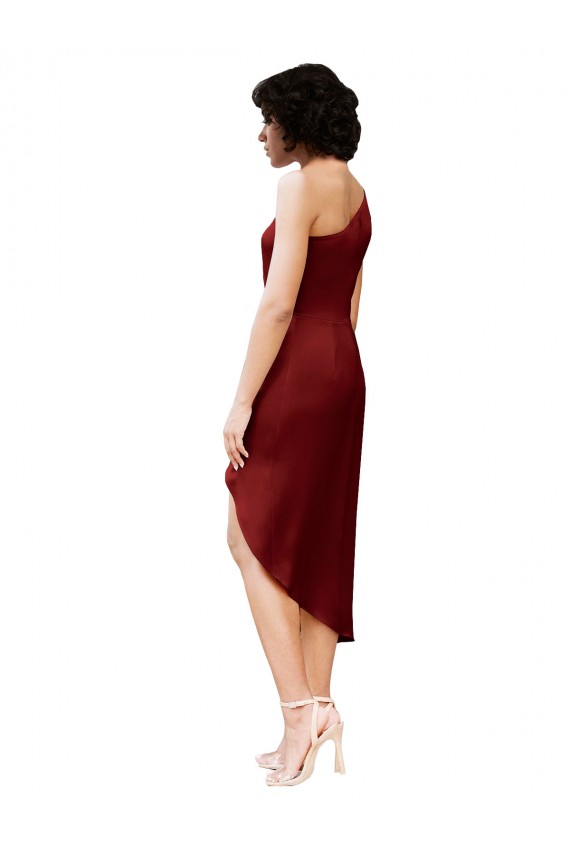 Affordable Sleeveless One Shoulder Stretch Satin Burgundy Midi Length Black Tie Prom Dress Canada